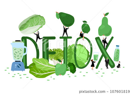 Detox cocktail with water, vegetables and fruits in the jug. Healthy diet vector illustration with little people. Fresh smoothies for healthy life. Green energetic drink 107601819