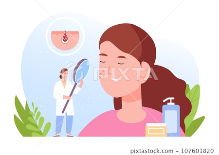 Dermatologist. Dermatology consultation skin medical care concept, doctor cosmetolog diagnosis examination, rash or acne problem on face, cosmetic protection vector illustration 107601820