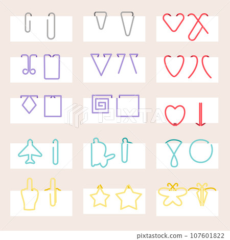 Colorful Paper clip icons set on white paper. Office paper clips in different forms 107601822