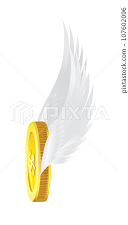 Flying golden coin with wings isolated on a white. 3D Vector 107602096