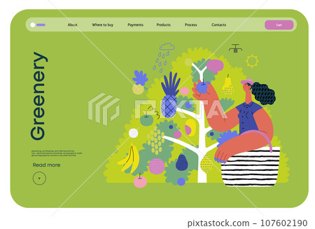 Greenery, ecology -modern flat vector concept illustration of a woman gathering fruit from the 40 fruit tree. Metaphor of environmental sustainability and protection, closeness to nature 107602190