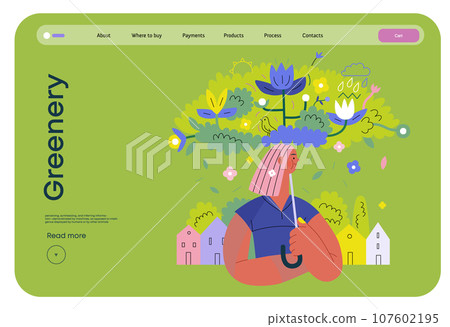 Greenery, ecology -modern flat vector concept illustration of a woman under the green lush umbrella of plants and flowers. Metaphor of environmental sustainability and protection, closeness to nature Greenery, ecology -modern flat vector concept illustration of a woman under the green lush umbrella of plants and flowers. Metaphor of environmental sustainability and protection, closeness to nature 107602195