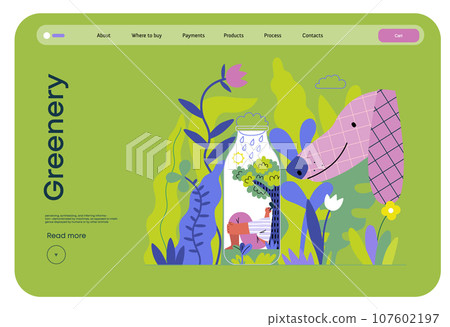 Greenery, ecology -modern flat vector concept illustration of a man in teh bottle, his ecosystem. Dog in a park. Metaphor of environmental sustainability and protection, closeness to nature 107602197