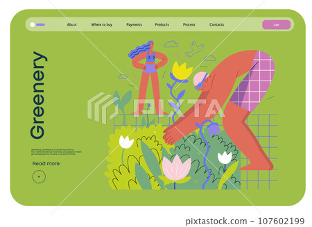 Greenery, ecology -modern flat vector concept illustration of people around the swimming pool of plants and flowers. Metaphor of environmental sustainability and protection, closeness to nature Greenery, ecology -modern flat vector concept illustration of people around the swimming pool of plants and flowers. Metaphor of environmental sustainability and protection, closeness to nature 107602199