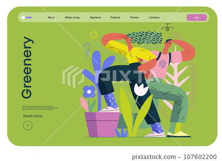 Greenery, ecology -modern flat vector concept illustration of observing people surrounded by plants. Metaphor of environmental sustainability and protection, closeness to nature 107602200