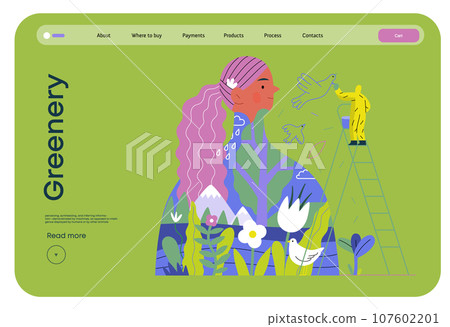 Greenery, ecology -modern flat vector concept illustration of a man painting a mural of a woman, composed with landscape. Metaphor of environmental sustainability and protection, closeness to nature Greenery, ecology -modern flat vector concept illustration of a man painting a mural of a woman, composed with landscape. Metaphor of environmental sustainability and protection, closeness to nature 107602201