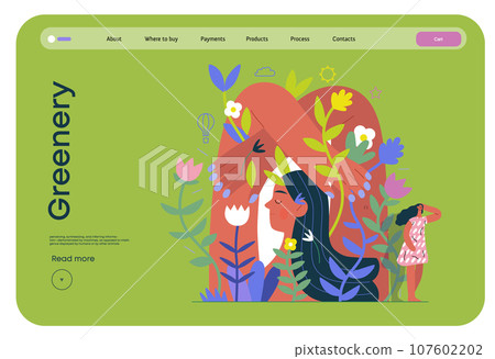 Greenery, ecology -modern flat vector concept illustration of a mural of a woman, surrounded by plants. Metaphor of environmental sustainability and protection, closeness to nature 107602202