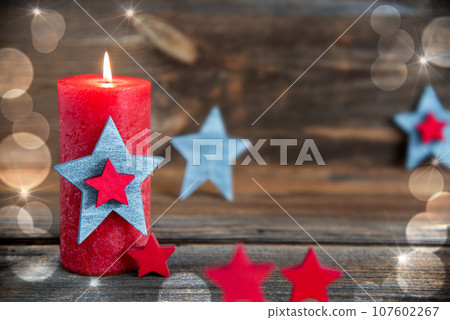Wooden Background, Festive Christmas Decoration With Red Candle 107602267