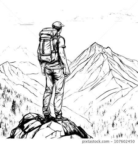 tourist with backpack vector sketch illustration. Sketch of a man with a backpack on the top of a mountain Hand drawn vector illustration tourist with backpack vector sketch illustration. Sketch of a man with a backpack on the top of a mountain Hand drawn vector illustration 107602450