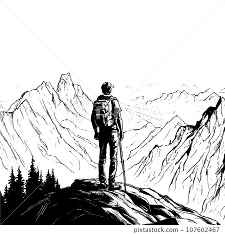 tourist with backpack vector sketch illustration. Sketch of a man with a backpack on the top of a mountain Hand drawn vector illustration tourist with backpack vector sketch illustration. Sketch of a man with a backpack on the top of a mountain Hand drawn vector illustration 107602467