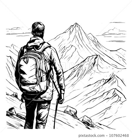 tourist with backpack vector sketch illustration. Sketch of a man with a backpack on the top of a mountain Hand drawn vector illustration tourist with backpack vector sketch illustration. Sketch of a man with a backpack on the top of a mountain Hand drawn vector illustration 107602468