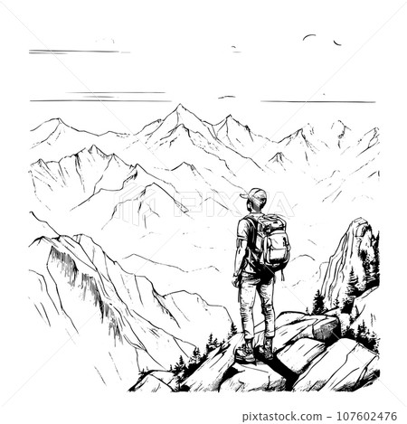 tourist with backpack vector sketch illustration. Sketch of a man with a backpack on the top of a mountain Hand drawn vector illustration 107602476