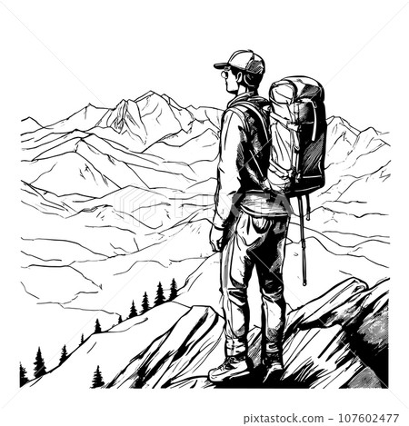 tourist with backpack vector sketch illustration. Sketch of a man with a backpack on the top of a mountain Hand drawn vector illustration tourist with backpack vector sketch illustration. Sketch of a man with a backpack on the top of a mountain Hand drawn vector illustration 107602477