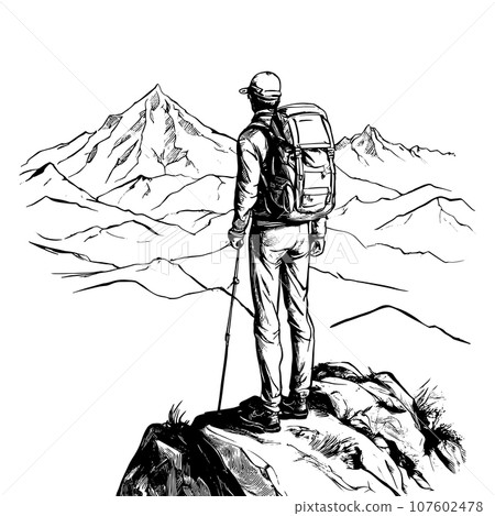 tourist with backpack vector sketch illustration. Sketch of a man with a backpack on the top of a mountain Hand drawn vector illustration tourist with backpack vector sketch illustration. Sketch of a man with a backpack on the top of a mountain Hand drawn vector illustration 107602478