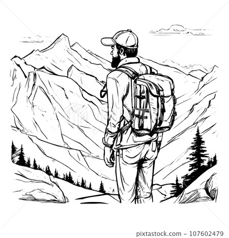 tourist with backpack vector sketch illustration. Sketch of a man with a backpack on the top of a mountain Hand drawn vector illustration tourist with backpack vector sketch illustration. Sketch of a man with a backpack on the top of a mountain Hand drawn vector illustration 107602479