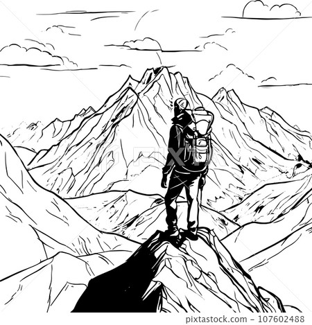 tourist with backpack vector sketch illustration. Sketch of a man with a backpack on the top of a mountain Hand drawn vector illustration 107602488