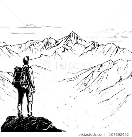 tourist with backpack vector sketch illustration. Sketch of a man with a backpack on the top of a mountain Hand drawn vector illustration tourist with backpack vector sketch illustration. Sketch of a man with a backpack on the top of a mountain Hand drawn vector illustration 107602492