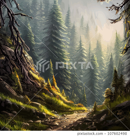 Nature and landscape. illustration trees, forests, mountains, plants. Image for background, card or cover. Illustration. Natural landscape with spruce trees. Modern minimal abstract background 107602498