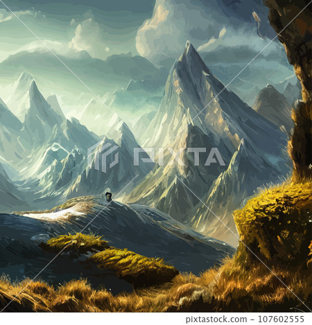 Mountain landscape. Mountain landscape. illustration. Abstract background. Fantasy theme morning landscape, sunrise mountains. landscape with blue mountains silhouettes with fog cold sunlight Mountain landscape. Mountain landscape. illustration. Abstract background. Fantasy theme morning landscape, sunrise mountains. landscape with blue mountains silhouettes with fog cold sunlight 107602555