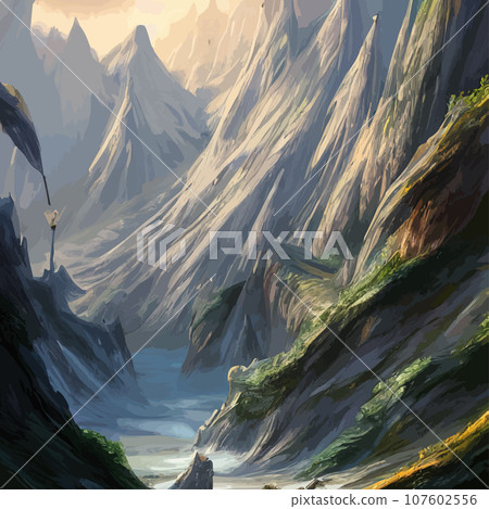 Mountain landscape. Mountain landscape. illustration. Abstract background. Fantasy theme morning landscape, sunrise mountains. landscape with blue mountains silhouettes with fog cold sunlight Mountain landscape. Mountain landscape. illustration. Abstract background. Fantasy theme morning landscape, sunrise mountains. landscape with blue mountains silhouettes with fog cold sunlight 107602556