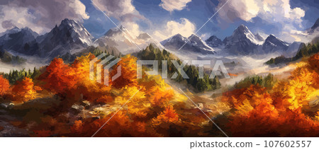 Autumn landscape with trees, mountains. Rural landscape. Autumn background. illustration . beautiful natural for thanksgiving day banner. Minimalist style. flat design Autumn landscape with trees, mountains. Rural landscape. Autumn background. illustration . beautiful natural for thanksgiving day banner. Minimalist style. flat design 107602557