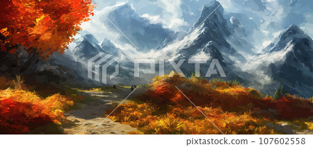 Autumn landscape with trees, mountains. Rural landscape. Autumn background. illustration . beautiful natural for thanksgiving day banner. Minimalist style. flat design 107602558
