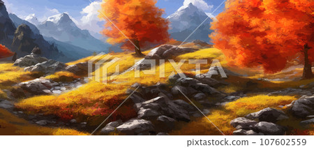 Autumn landscape with trees, mountains. Rural landscape. Autumn background. illustration . beautiful natural for thanksgiving day banner. Minimalist style. flat design 107602559