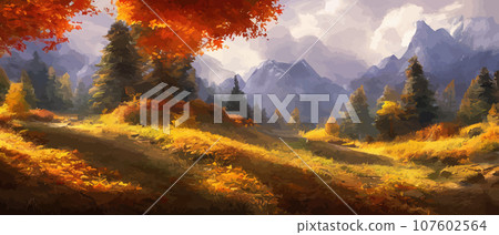 Autumn landscape with trees, mountains. Rural landscape. Autumn background. illustration . beautiful natural for thanksgiving day banner. Minimalist style. flat design Autumn landscape with trees, mountains. Rural landscape. Autumn background. illustration . beautiful natural for thanksgiving day banner. Minimalist style. flat design 107602564