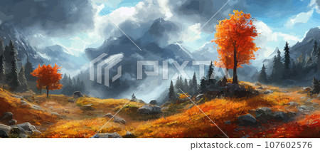 Autumn landscape with trees, mountains. Rural landscape. Autumn background. illustration . beautiful natural for thanksgiving day banner. Minimalist style. flat design Autumn landscape with trees, mountains. Rural landscape. Autumn background. illustration . beautiful natural for thanksgiving day banner. Minimalist style. flat design 107602576