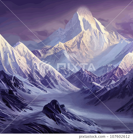 Mountain mature silhouette element outdoor icon snowy ice peaks and decorative, Realistic illustration of mountain landscape with hill and forest with coniferous trees Mountain mature silhouette element outdoor icon snowy ice peaks and decorative, Realistic illustration of mountain landscape with hill and forest with coniferous trees 107602612