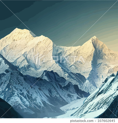 Realistic illustration mountain landscape with a hill forest with coniferous trees, under blue winter sky with space for text. Gray mountains forest retro vintage background illustration. 107602645