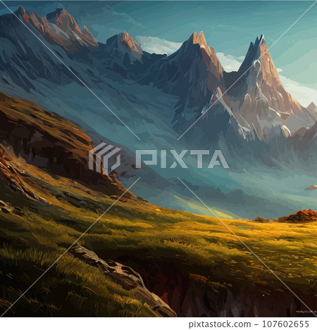 Realistic illustration mountain landscape with a hill forest with coniferous trees, under blue winter sky with space for text. Gray mountains forest retro vintage background illustration. Realistic illustration mountain landscape with a hill forest with coniferous trees, under blue winter sky with space for text. Gray mountains forest retro vintage background illustration. 107602655