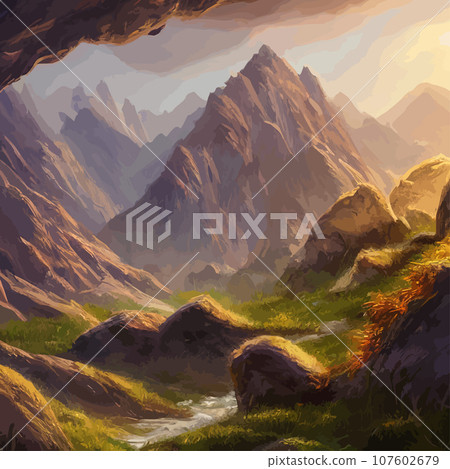 Realistic illustration mountain landscape with a hill forest with coniferous trees, under blue winter sky with space for text. Gray mountains forest retro vintage background illustration. Realistic illustration mountain landscape with a hill forest with coniferous trees, under blue winter sky with space for text. Gray mountains forest retro vintage background illustration. 107602679