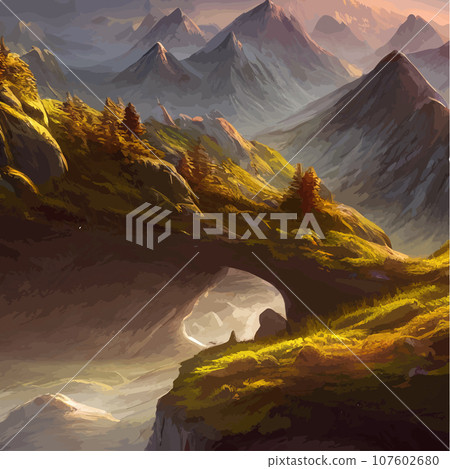 Mountain mature silhouette element outdoor icon snowy ice peaks and decorative, Realistic illustration of mountain landscape with hill and forest with coniferous trees 107602680