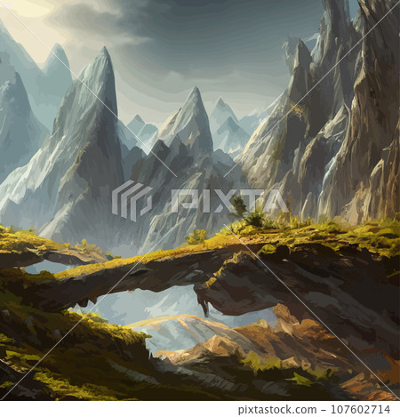 Mountain mature silhouette element outdoor icon snowy ice peaks and decorative, Realistic illustration of mountain landscape with hill and forest with coniferous trees 107602714