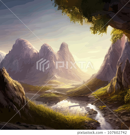 Mountain landscape. Mountain landscape. illustration. Abstract background. Fantasy theme morning landscape, sunrise mountains. landscape with blue mountains silhouettes with fog cold sunlight 107602742