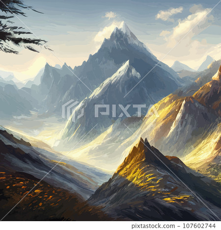 Mountain landscape. Mountain landscape. illustration. Abstract background. Fantasy theme morning landscape, sunrise mountains. landscape with blue mountains silhouettes with fog cold sunlight 107602744