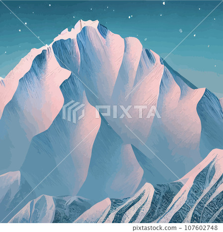 Realistic illustration mountain landscape with a hill forest with coniferous trees, under blue winter sky with space for text. Gray mountains forest retro vintage background illustration. 107602748
