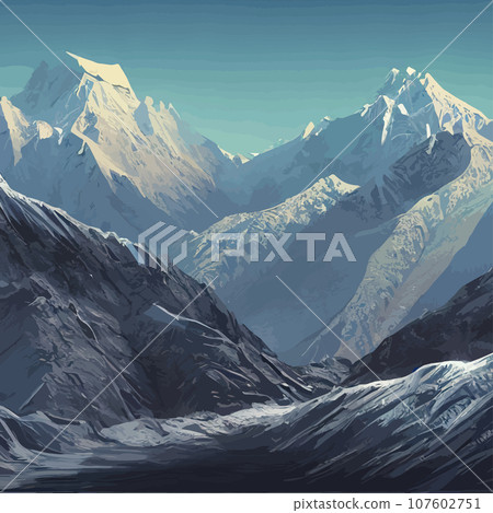 Realistic illustration mountain landscape with a hill forest with coniferous trees, under blue winter sky with space for text. Gray mountains forest retro vintage background illustration. Realistic illustration mountain landscape with a hill forest with coniferous trees, under blue winter sky with space for text. Gray mountains forest retro vintage background illustration. 107602751