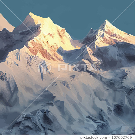 Mountain mature silhouette element outdoor icon snowy ice peaks and decorative, Realistic illustration of mountain landscape with hill and forest with coniferous trees 107602769