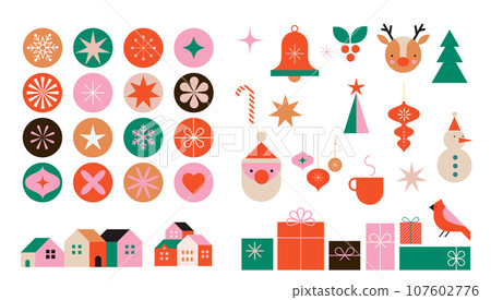 Christmas elements in modern minimalist geometric style. Colorful illustration in flat cartoon style 107602776