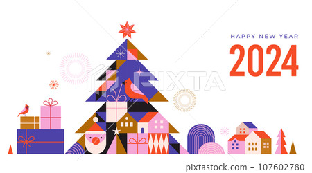 Happy New Year 2024. Christmas tree in modern minimalist geometric style. Colorful illustration in 107602780