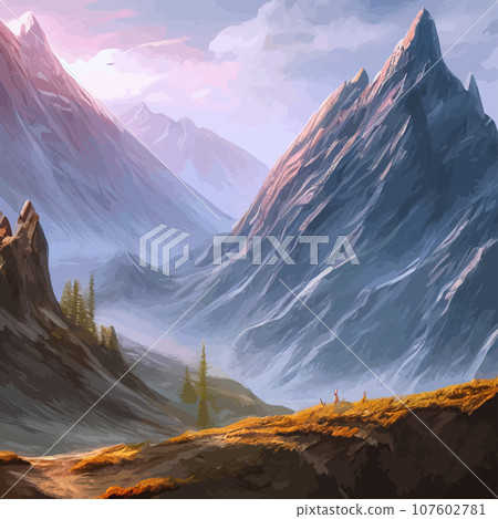 Mountain mature silhouette element outdoor icon snowy ice peaks and decorative, Realistic illustration of mountain landscape with hill and forest with coniferous trees Mountain mature silhouette element outdoor icon snowy ice peaks and decorative, Realistic illustration of mountain landscape with hill and forest with coniferous trees 107602781