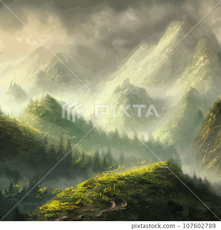 Nature and landscape. illustration trees, forests, mountains, plants. Image for background, card or cover. Illustration. Natural landscape with spruce trees. Modern minimal abstract background Nature and landscape. illustration trees, forests, mountains, plants. Image for background, card or cover. Illustration. Natural landscape with spruce trees. Modern minimal abstract background 107602789