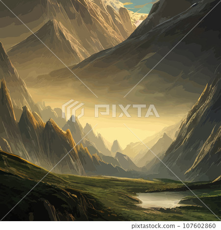 Mountain mature silhouette element outdoor icon snowy ice peaks and decorative, Realistic illustration of mountain landscape with hill and forest with coniferous trees Mountain mature silhouette element outdoor icon snowy ice peaks and decorative, Realistic illustration of mountain landscape with hill and forest with coniferous trees 107602860