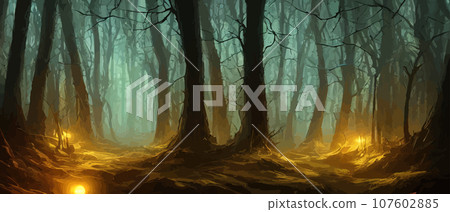 misty forest. Dark tree silhouette. Tree tricks in the blue mist. Fog in the night forest illustration banner. Spooky forest with full moon and floor. Without leaves and branches of autumn. misty forest. Dark tree silhouette. Tree tricks in the blue mist. Fog in the night forest illustration banner. Spooky forest with full moon and floor. Without leaves and branches of autumn. 107602885