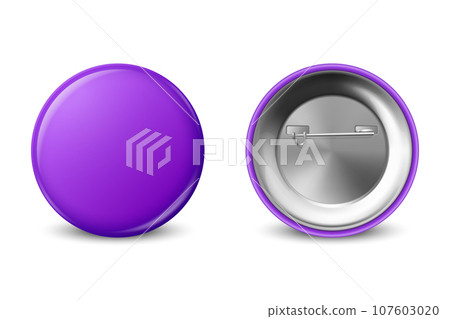 Vector 3d Realistic Blank Purple Round Button Badge Set Closeup Isolated on a White Background. Button Badge, Plastic or Metal ID Badge Design Template, Mockup. Front View 107603020