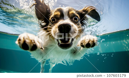 Funny dog jumping into the swimming pool with splashes of water. Funny dog jumping into the swimming pool with splashes of water. 107603179