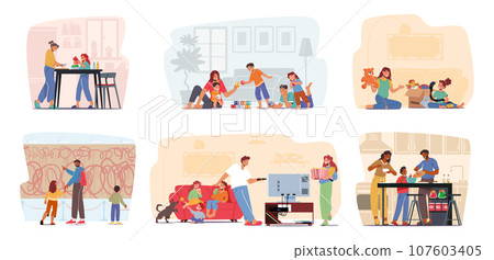 Set of Family Scenes. Parents and Children Characters Cooking, Playing with Toys, Visit Museum, Watching Movies 107603405