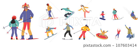 Set Characters Engage In Vibrant Winter Sports In A Snowy Wonderland. People Skiing, Snowboarding, Sliding, Ice Skating Set Characters Engage In Vibrant Winter Sports In A Snowy Wonderland. People Skiing, Snowboarding, Sliding, Ice Skating 107603414